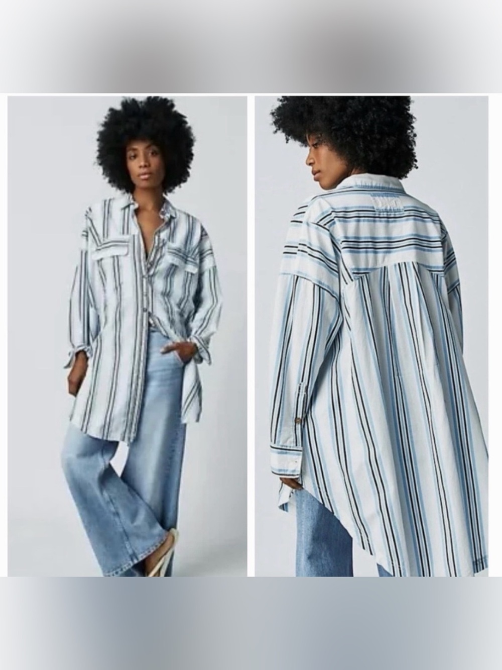 We The Free Free People Poppy Stripe Button Down Shirt Tunic Blue size XS Boho